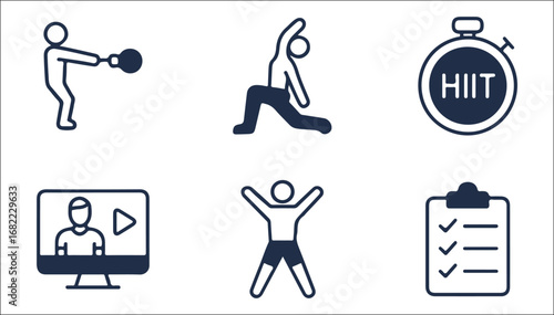 Minimalist Fitness & Wellness Icons – HIIT, Yoga, Online Workouts, Exercise Tracker, and Healthy Lifestyle Vector Pack