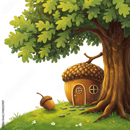 Whimsical Acorn House under Oak Tree: A Delightful Children's Book Illustration.