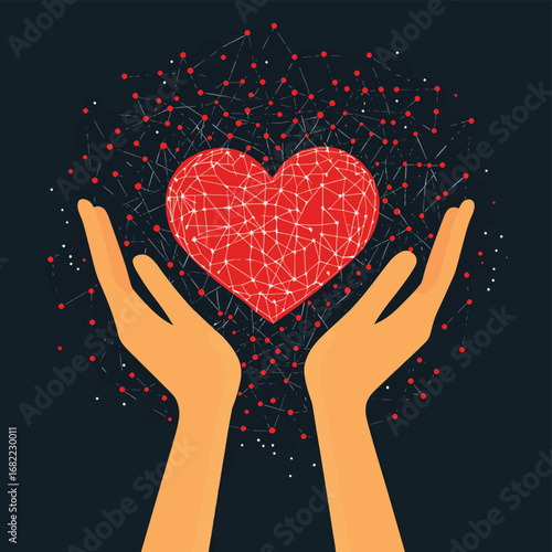 Heart in hands, empathy or social skill and self control. Connect heart feeling with brain. , vector style simple color