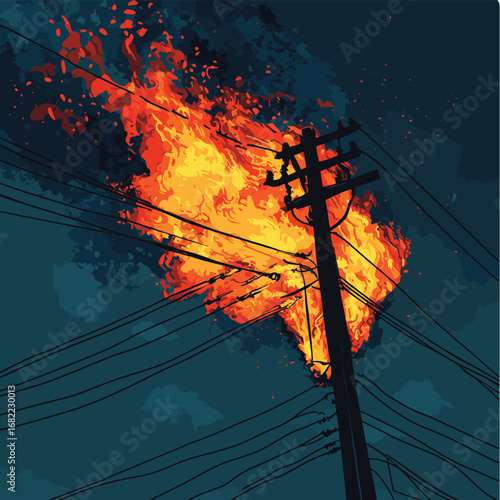 vector illustration of a burning electrical cable wires, Danger of Power line damage. , vector style simple color