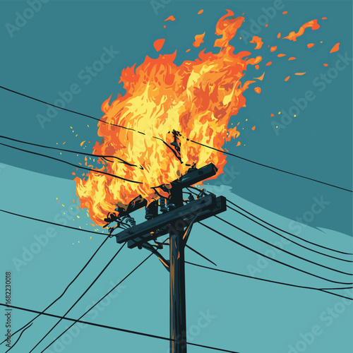 vector illustration of a burning electrical cable wires, Danger of Power line damage. , vector style simple color