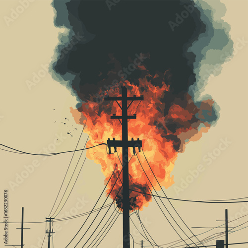 vector illustration of a burning electrical cable wires, Danger of Power line damage. , vector style simple color