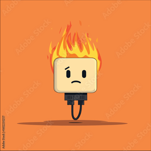 Danger of plug and power line damage, Burning electrical plug. The power plug short-circuited and caught fire. , vector style simple color