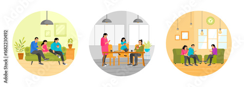 Family on a Couch Using Smartphones. Using Mobile Devices Around Table. Friends in the Living Room.