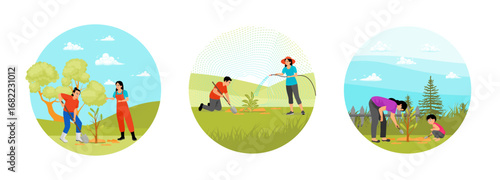 People Planting a Young Tree. Couple Gardening Together.  Mother and Child Planting a Tree.