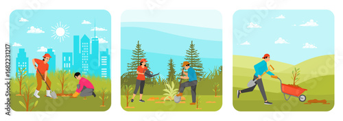 Young Men Planting a Tree. Planting and Watering Trees. Man Carrying Tree with Wheelbarrow.