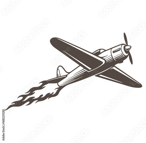 Vintage airplane in flight depicting speed and motion with smoke trail and propeller