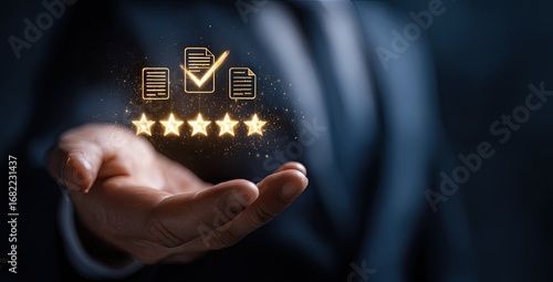 Businessperson's hand holding glowing golden document and star icons