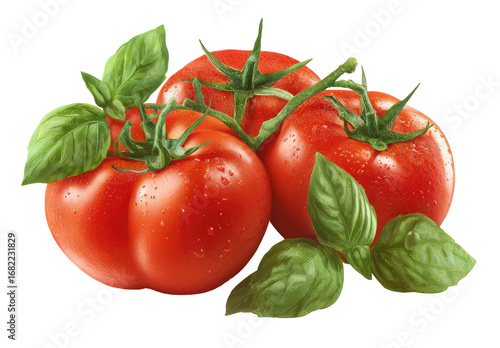 Fresh, vibrant tomatoes with basil leaves.  Three plump, red tomatoes, covered in water droplets, are clustered together.  Green basil leaves are nestled among the tomatoes. 