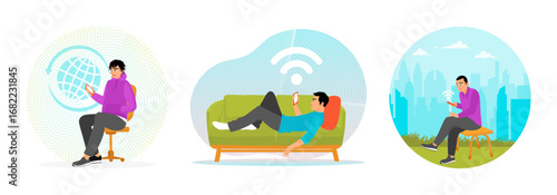 Man Using Smartphone. Man Relaxing on Sofa Holding Smartphone. Man Using Smartphone in a City Park.