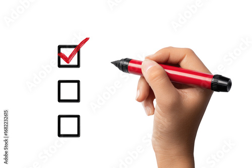 Hand holding red marker, checking a box