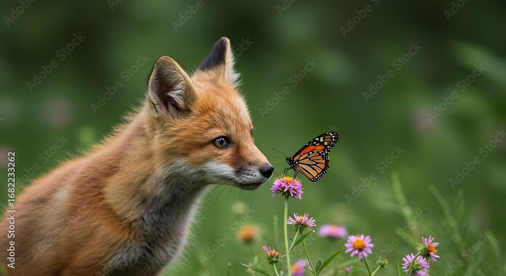 Fototapeta premium Fuchs beobachtet Schmetterling sanft Blumen Wiese weiches Licht. AI Generated