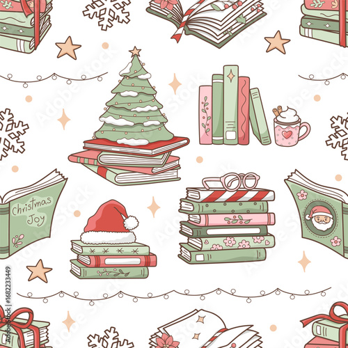 Christmas Book Lover Seamless Pattern, Xmas Tree Books Fabric Design Vector