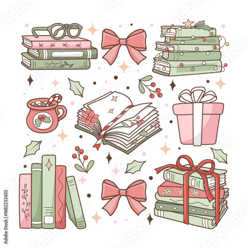 Christmas Bookish Vector, Cozy Winter Reading, Holiday Book Lover Hand Drawn Design