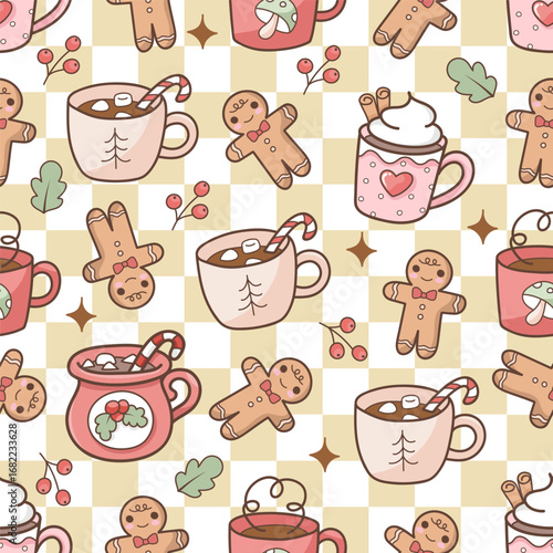 Christmas Drinks & Treats Seamless Pattern, Hot Chocolate Cup Fabric Design Vector