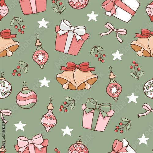 Christmas Gift & Ornament Seamless Pattern, Cute Holiday Fabric Design Vector