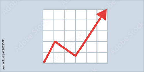 flat vector illustration of a red arrow rising on a grid chart, symbolizing business growth, success, profit increase, data analysis, statistics, and positive financial performance. 