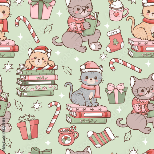 Cozy Christmas Cat Seamless Pattern, Xmas Cat Reading Fabric Design Vector