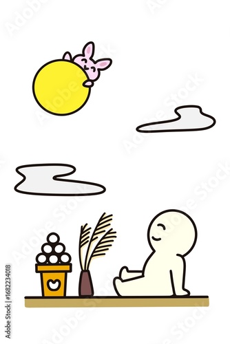 Sitting and gazing at the full moon, a simple full-length portrait.