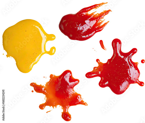 Five messy splashes of condiments, yellow mustard and red ketchup, arranged in a scattered pattern against a black background
