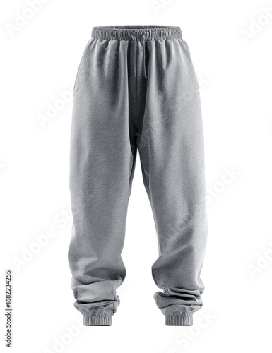 Light gray drawstring sweatpants.  Front view of relaxed-fit, casual pants.  Solid color,  elastic waistband with drawstring,  and cuffed ankles