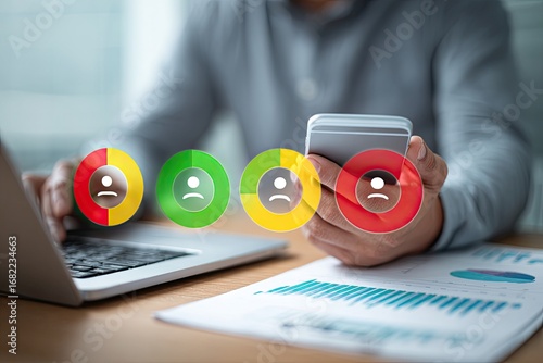 Person using laptop and phone with customer satisfaction feedback icons