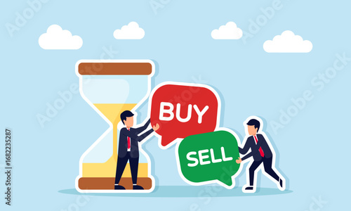 Businessman holding chat dialog with BUY and another with SELL standing near hourglass illustration of deadline and trading time