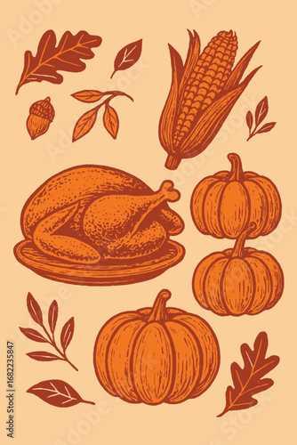 Vintage Thanksgiving Illustration with Pumpkins, Roasted Turkey, Corn, and Autumn Leaves