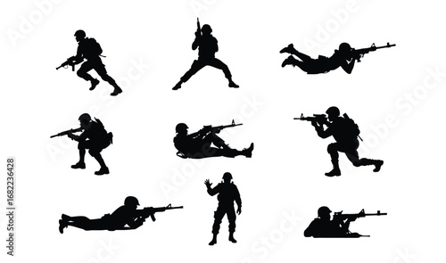 Silhouette compilation of soldiers in various combat poses with rifles and gear.