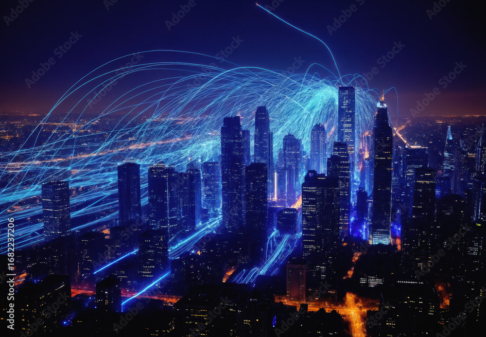 Obraz premium Digital network connectivity over metropolitan cityscape at night. Futuristic smart city with glowing data streams, cyber technology visualization. Urban skyscrapers with blue light trails, modern