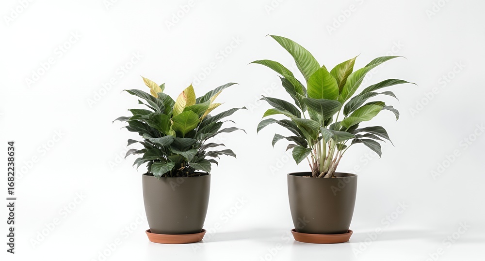 Fototapeta premium Two potted houseplants on a white background