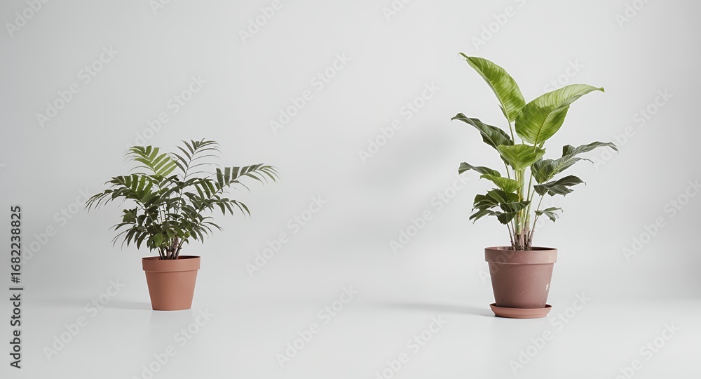 Fototapeta premium Two potted plants against a white background, minimalist home decor, interior design, greenery