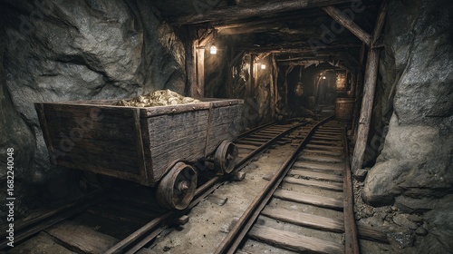 Discovering immense wealth, a vintage mining cart overflows with glistening gold nuggets deep within a historic, dimly lit underground tunnel.