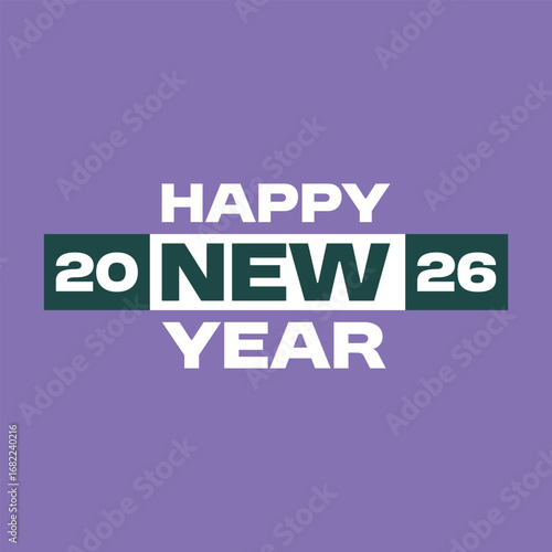 Minimalist Happy New Year 2026 greeting design with bold typography on purple background, modern festive celebration banner for holiday wishes.