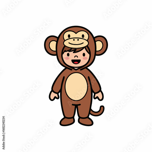 Cute cartoon child wearing a brown monkey costume with a happy expression.