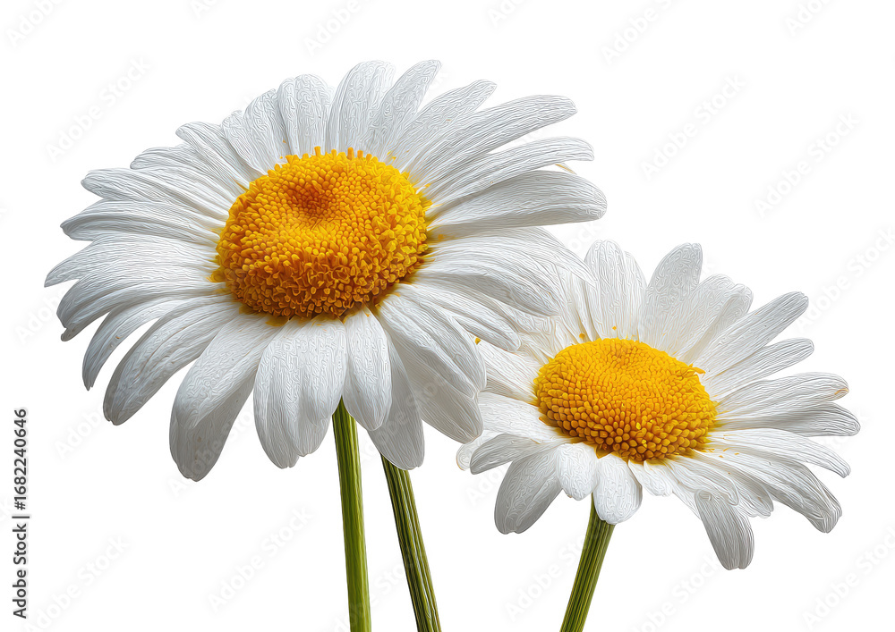 Fototapeta premium Two white daisies with yellow centers, close-up against a black background