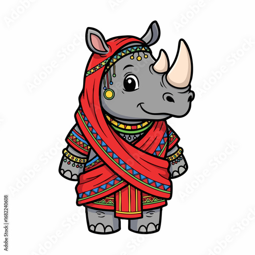 Cartoon rhino in ethnic attire with detailed patterns and jewelry.