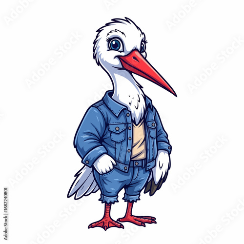 Cool cartoon stork dressed in denim clothes standing confidently.