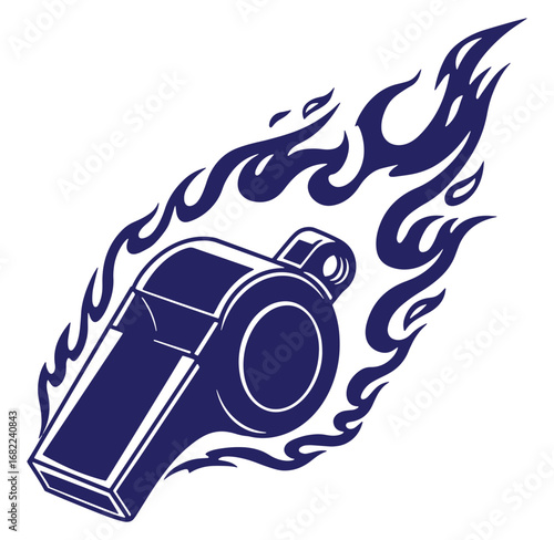 Blue whistle with flames illustration represents sports action or achievement and authority