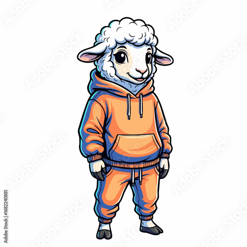 Cute Cartoon Sheep in Orange Hoodie and Sweatpants.