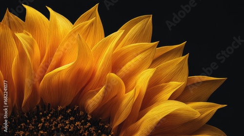 Close-up of a sunflower's vibrant, golden petals against a dark background