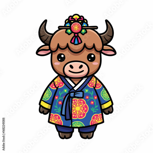 Adorable cartoon ox in Korean Hanbok celebrating the New Year.