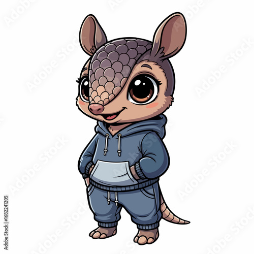 Cute cartoon baby armadillo character wearing a blue hoodie.