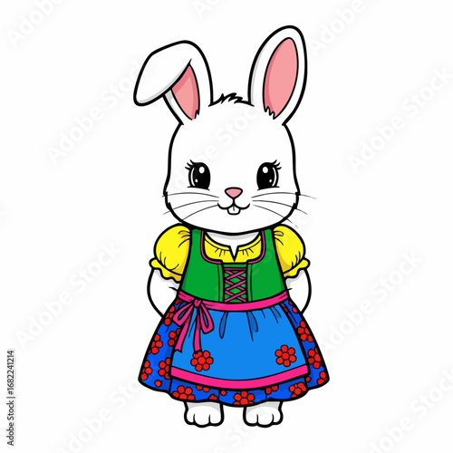 Cute White Rabbit in Bavarian Dirndl Dress.