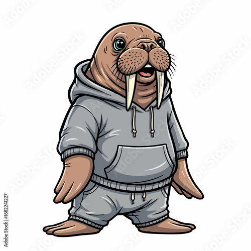 Cartoon Walrus in Gray Hoodie and Sweatpants.