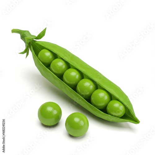 A vibrant, polygon-based pea pod, filled with glossy, bright green peas, sits against a plain white backdrop.