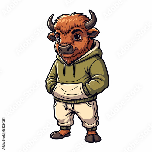Cartoon Bison Character in Hoodie and Sweatpants Urban Style.