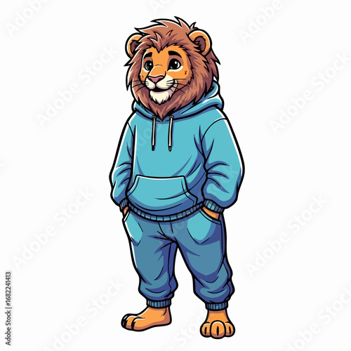 Cartoon Lion in a Blue Hoodie and Sweatpants.