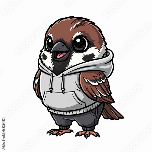 Cute cartoon sparrow wearing a hoodie and pants.
