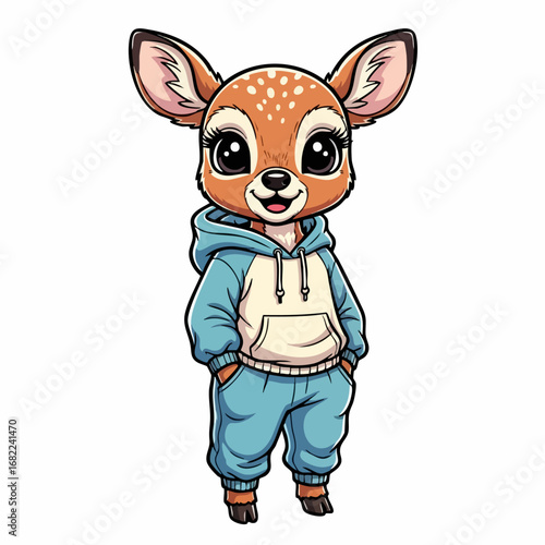 Cute Cartoon Deer in Hoodie and Sweatpants.